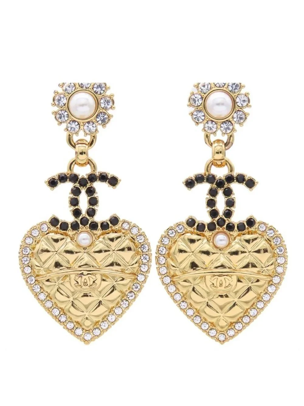 Chanel Earrings Gold Metal Rhinestone Costume Pearl Heart Flower Motif CC Logo